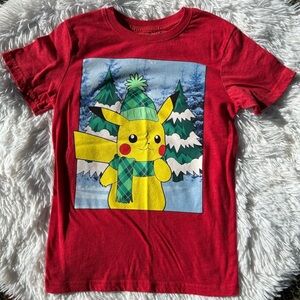 🩶5/$30 Pokemon Pikachu Red Tee with Christmas Holiday Design Size Medium